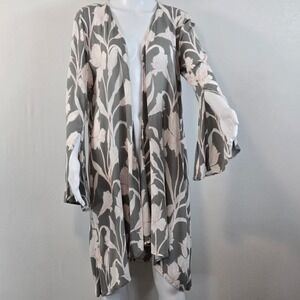 O'Neill Womens Grey Pink Floral Kimono Cardigan Split Bell Sleeve Gauze M/L